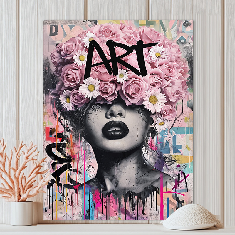 TEMU 2d Flat, 1pc Modern Abstract Floral Canvas Wall Art Poster - Pink & Face With Daisies Design, Graffiti Lettering, Vibrant Colors Frameless