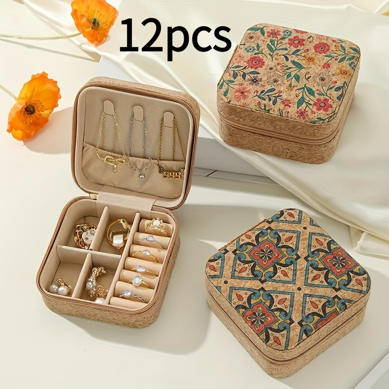 TEMU 12pcs Classic Floral Mini Jewelry Box - Premium Faux Leather Travel Organizer Pouch With Zipper | Desktop Storage And Dustproof Portable Case |