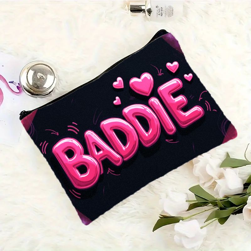 TEMU 1pc, 2d Flat, Baddie Makeup Bag With Pink Heart Pattern - Cosmetic Storage Box, Lightweight Zip Pouch, Suitable For Women, And - For Birthdays,