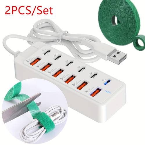 2pcs set 12 port usb fast charging station max 25w per port high speed charging 6 type c pd 6 usb a ports suitable for laptops tablets multiple devices 1 power hub and 1 cable tie for tech enthusiasts
