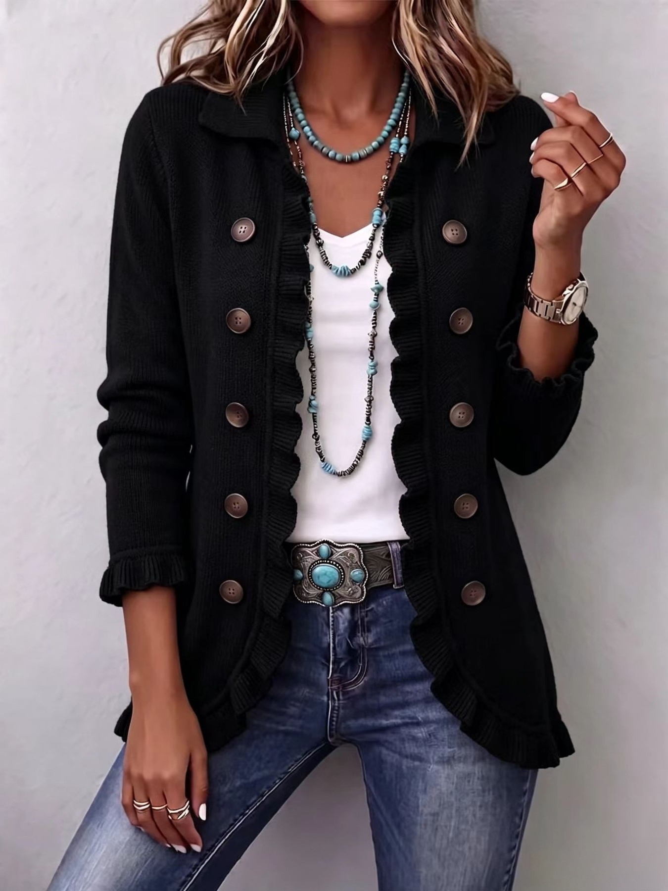 womens autumn winter elegant solid color coat casual   fit long sleeve   cardigan