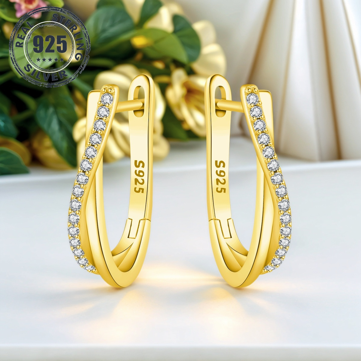 1 pair s925 sterling silver 18k golden plated hoop earrings stone inlaid twisted   hypoallergenic elegant luxurious womens jewelry for daily wear gifting high quality zirconia inlay   stylish gift earrings jewelry for Product details 0
