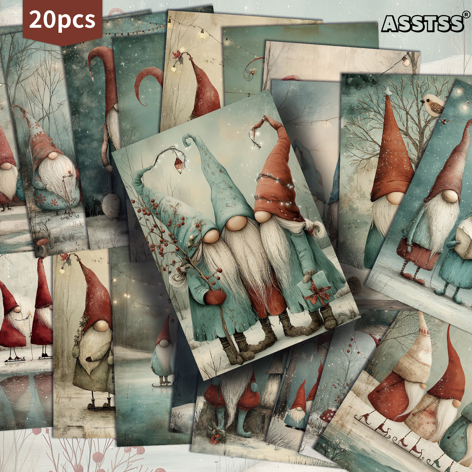 TEMU Set Of 20 Assorted Whimsical Christmas Gnome Postcards Measuring 4x6 Inches, Featuring Vintage Junk Journal Designs, Classic Pinup Art, And