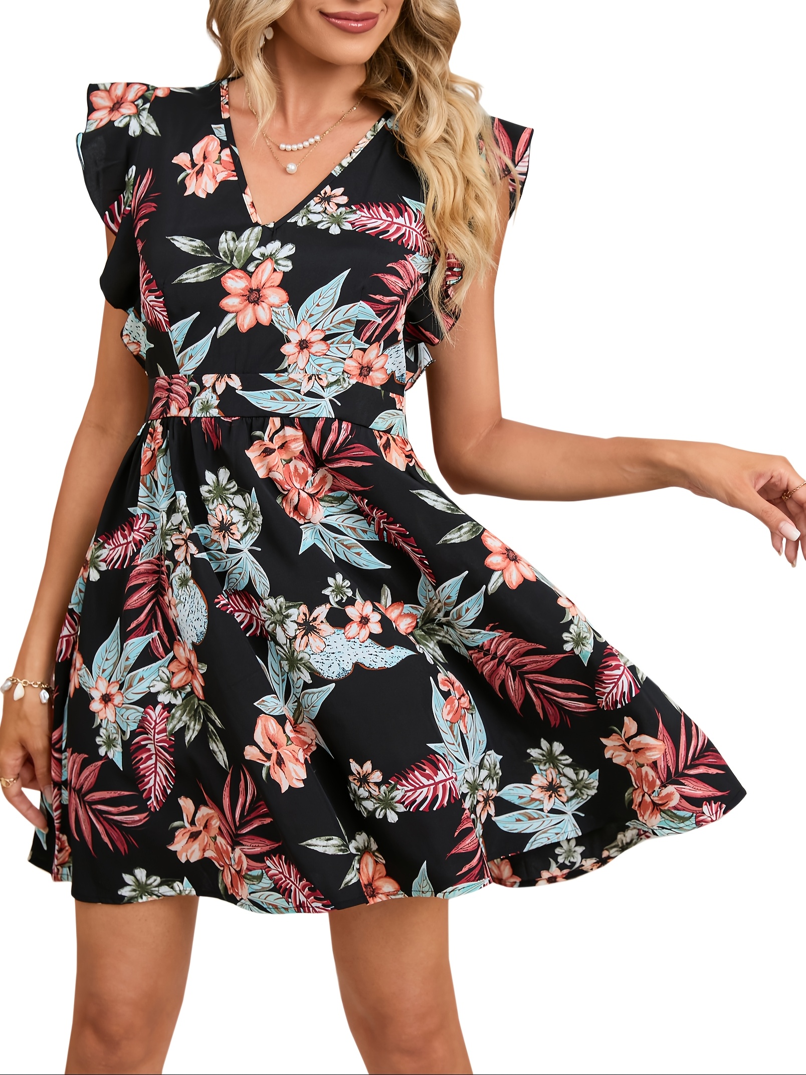 womens floral v neck mini dress ruffle sleeves backless a - Temu