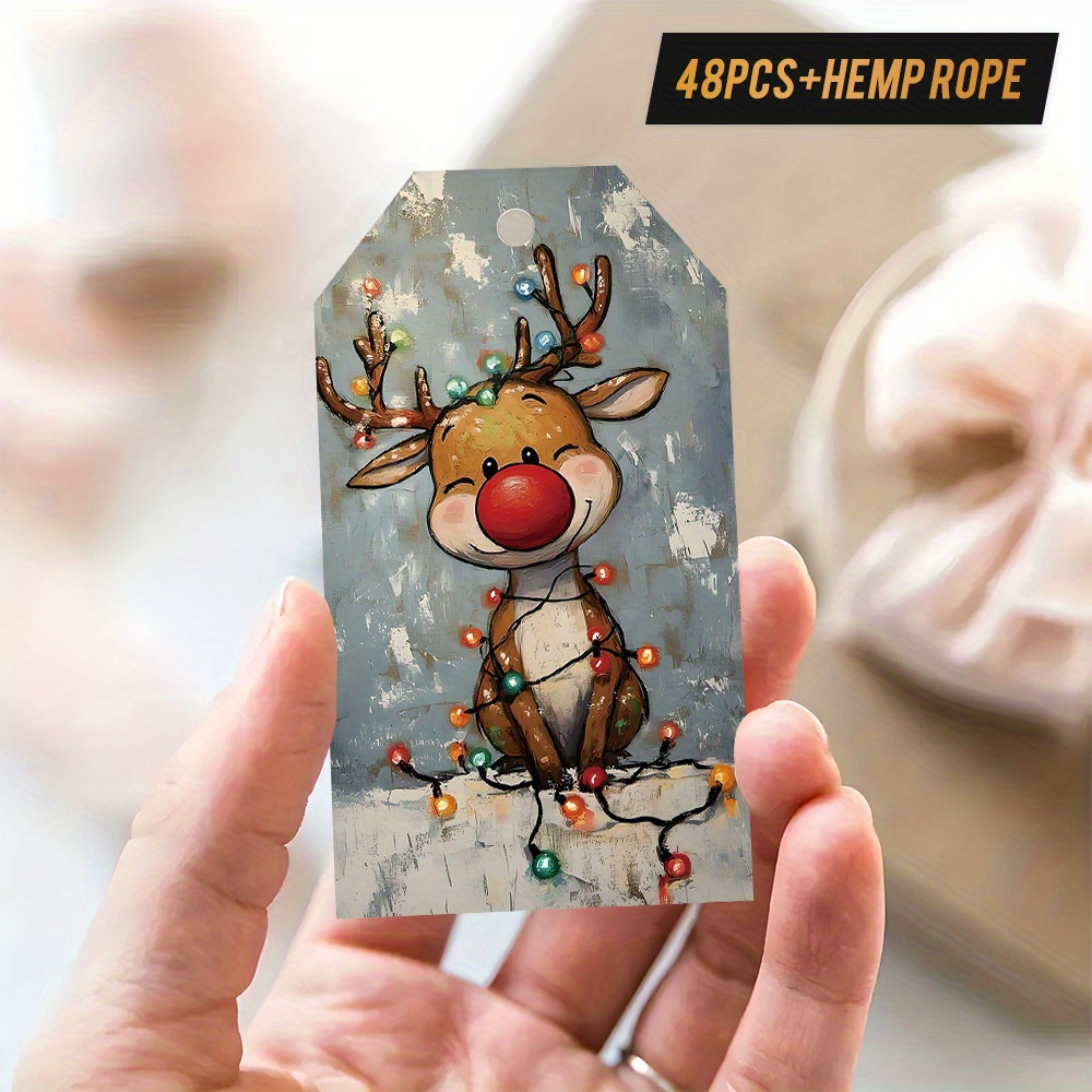 TEMU 48pcs Christmas Gift Tags With Hemp Rope, About Reindeer Wrapped In Colored Lights, And Festive Design, Atmosphere, For Christmas Gift