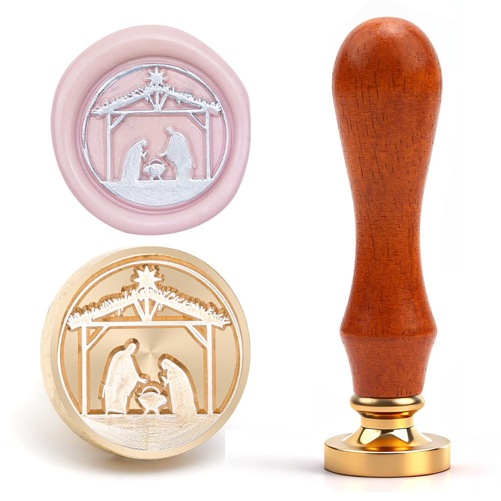 Image of Christmas Wax Seal Stamp Set Christian Cross Nativity Scene Sealing Stamp With Wooden Handle For Christmas Cards Arts Crafts Embellishment Wedding Invitation ()