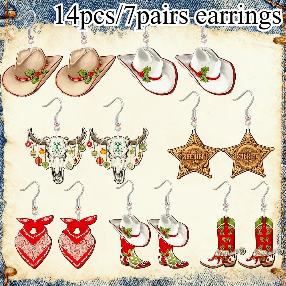 TEMU 2d Flat, 2d Flat - 14pcs/7 Pairs Of 2d Western Cowboy Style Earrings, Trendy 2d Acrylic Earrings, Suitable For Women, Perfect For Daily Wear,