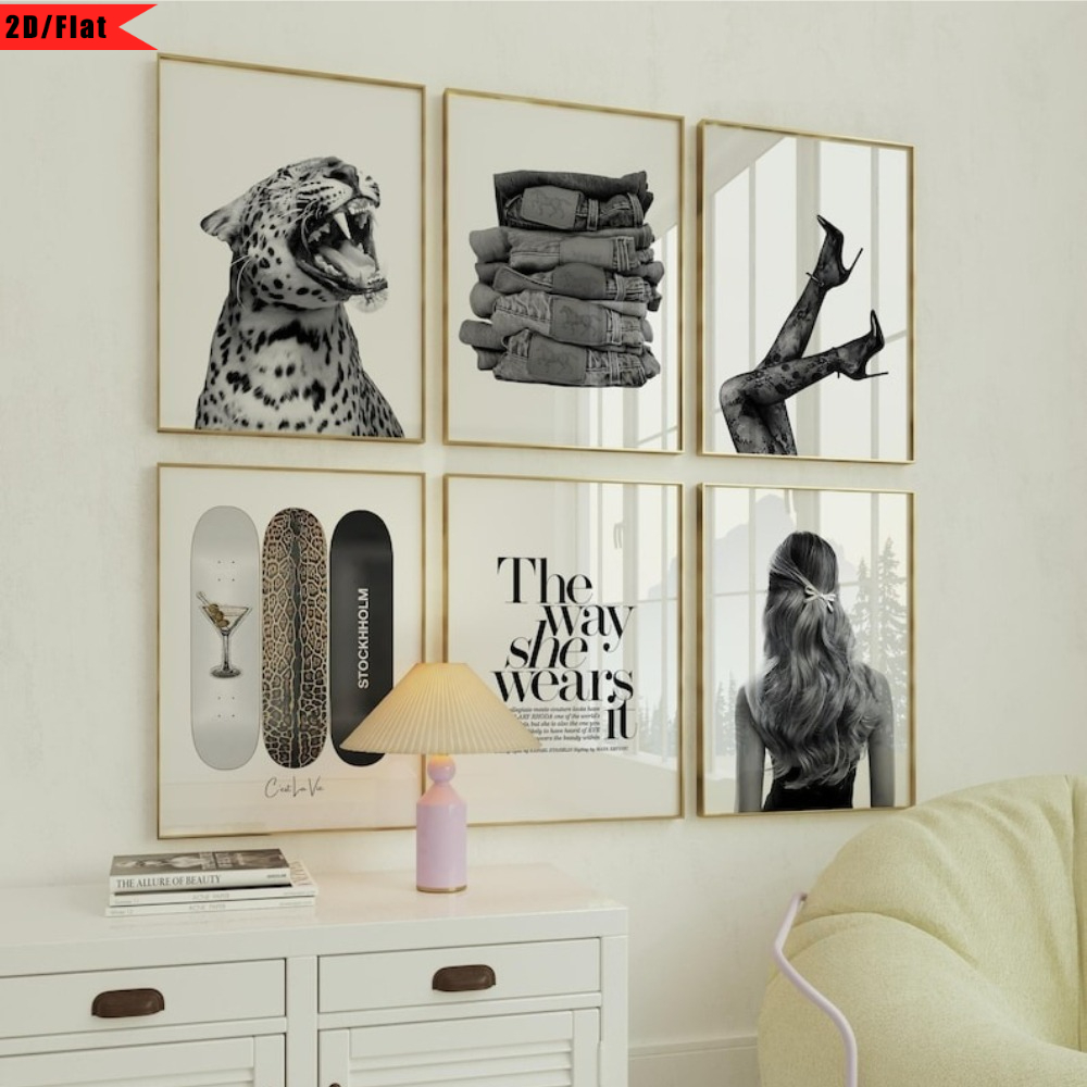 TEMU 2d Flat, 6pcs Frameless Leopard Wall Art - Y2k Preppy Boho Luxury Paintings, Vertical Aesthetic Pictures Suitable For Bedroom, Living Room, Dorm