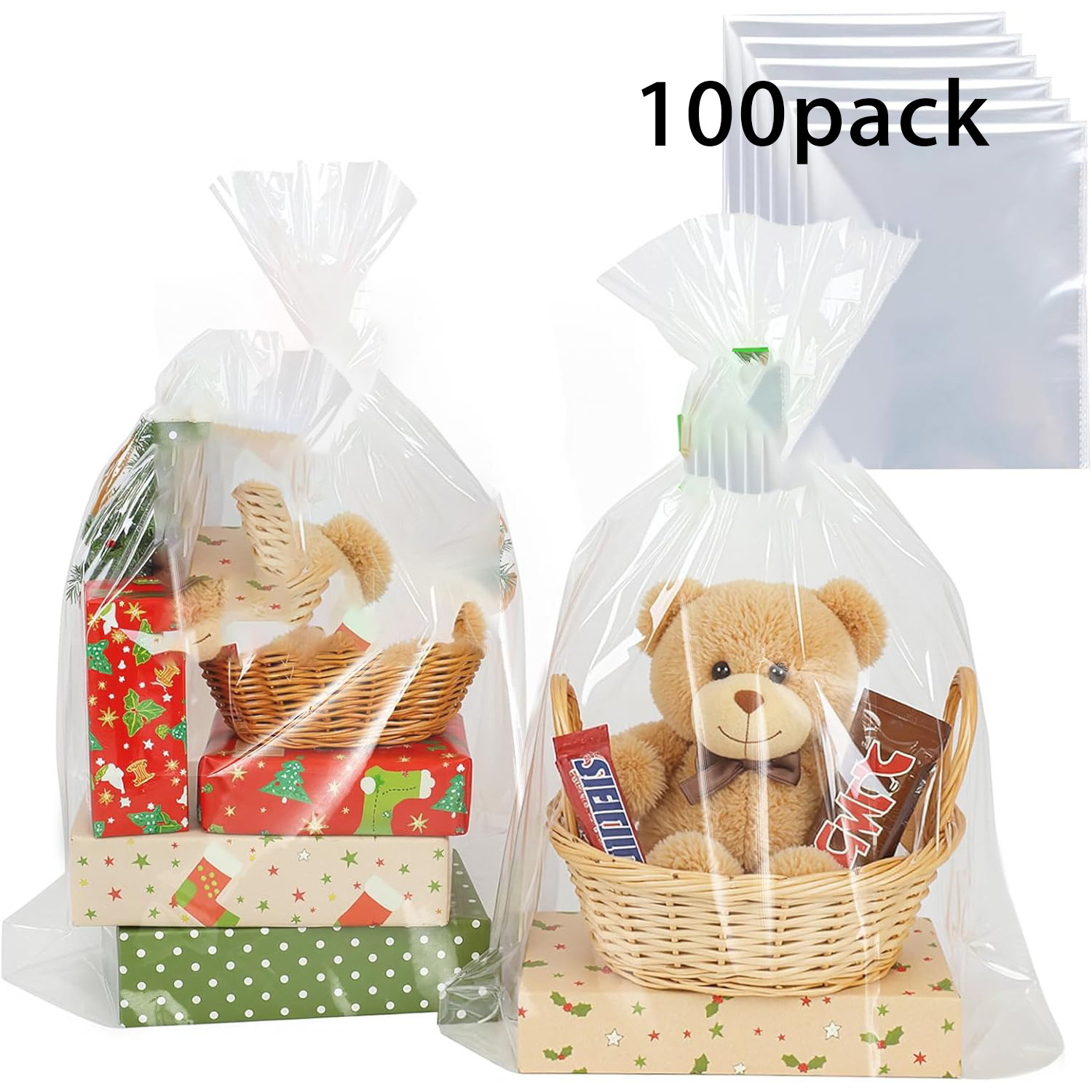 TEMU Gift For Her/him 200pcs (   100 Golden Twist Ties) Large Transparent Cellophane Bags,12*18inch Cellophane Packaging, Suitable For Easter.