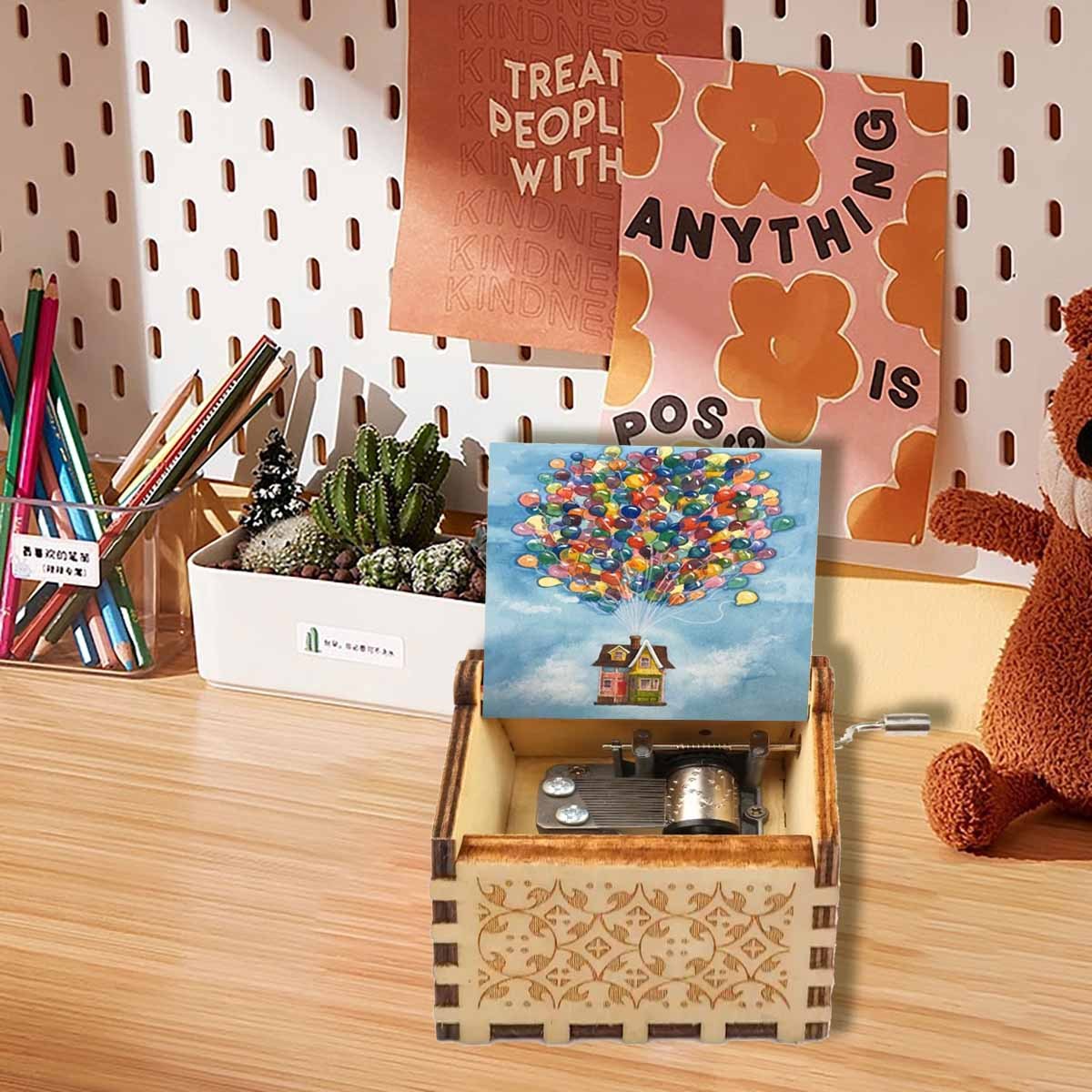 деревянная музыкальная шкатулка воздушный шар из дома на крыше, выбранный высококачественный материал, изобретательность для создания мечтательного звука, используйте музыку, чтобы рассказывать  , подарите родственникам, друзьям и одноклассникам изысканные подарки на дни рождения, праздники и юбилеи Детали 4