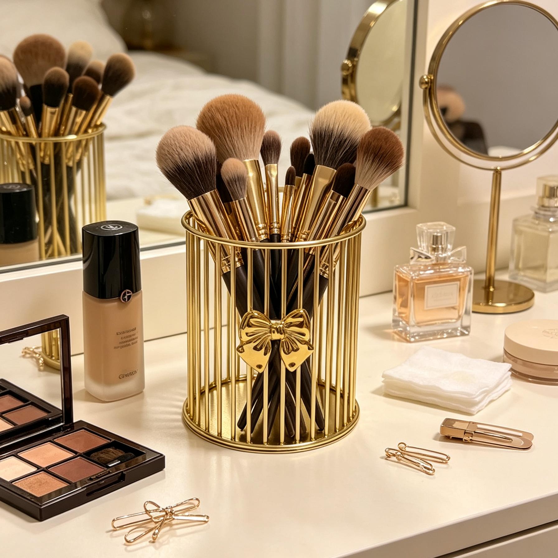 TEMU Brush Organizer, Large Capacity Metal Vanity Storage Box, Elegant Golden Round Pen Holder, Multi-functional Cosmetic Storage Cup For Brushes,
