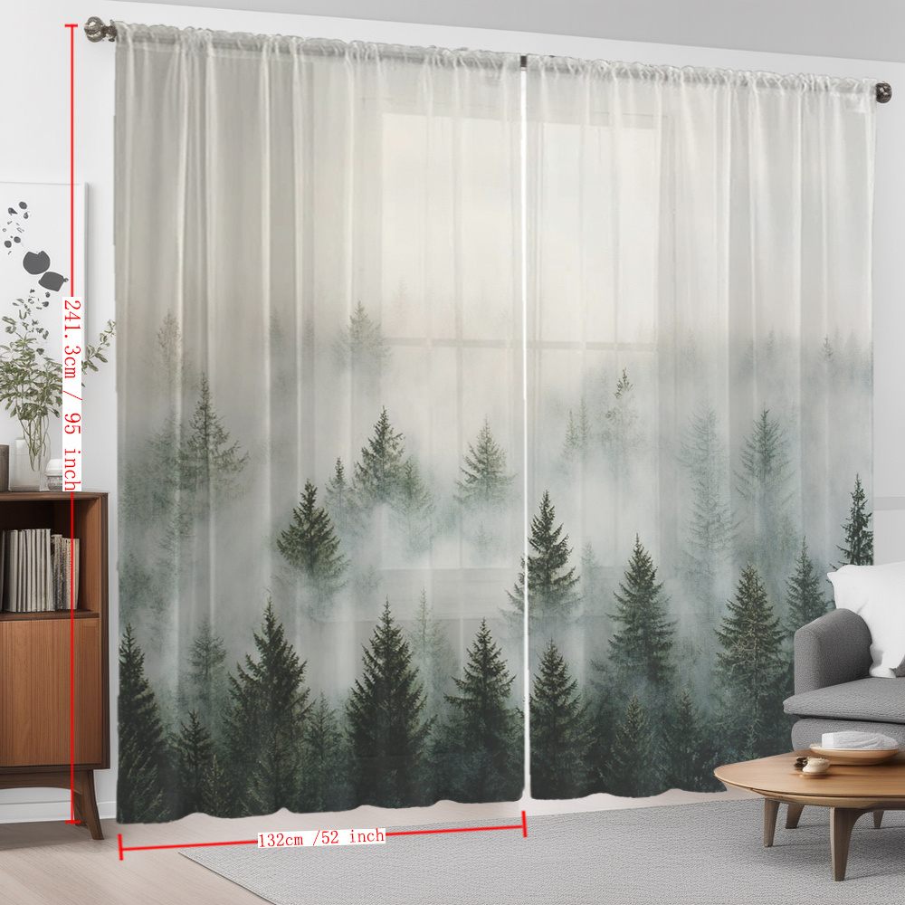TEMU 2pcs Misty Natural Scenery Printed Home Decor Sheer Curtains, Modern Artistic Style Flowing Window Drapes Suitable For Kitchen, Café, Dining