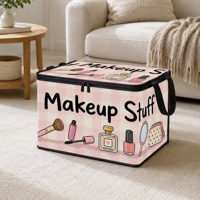 TEMU [1pc] Large Capacity Storage Box With Makeup Pattern | Foldable Storage Box | Lightweight And Easy To Store With Handle | Suitable For Room