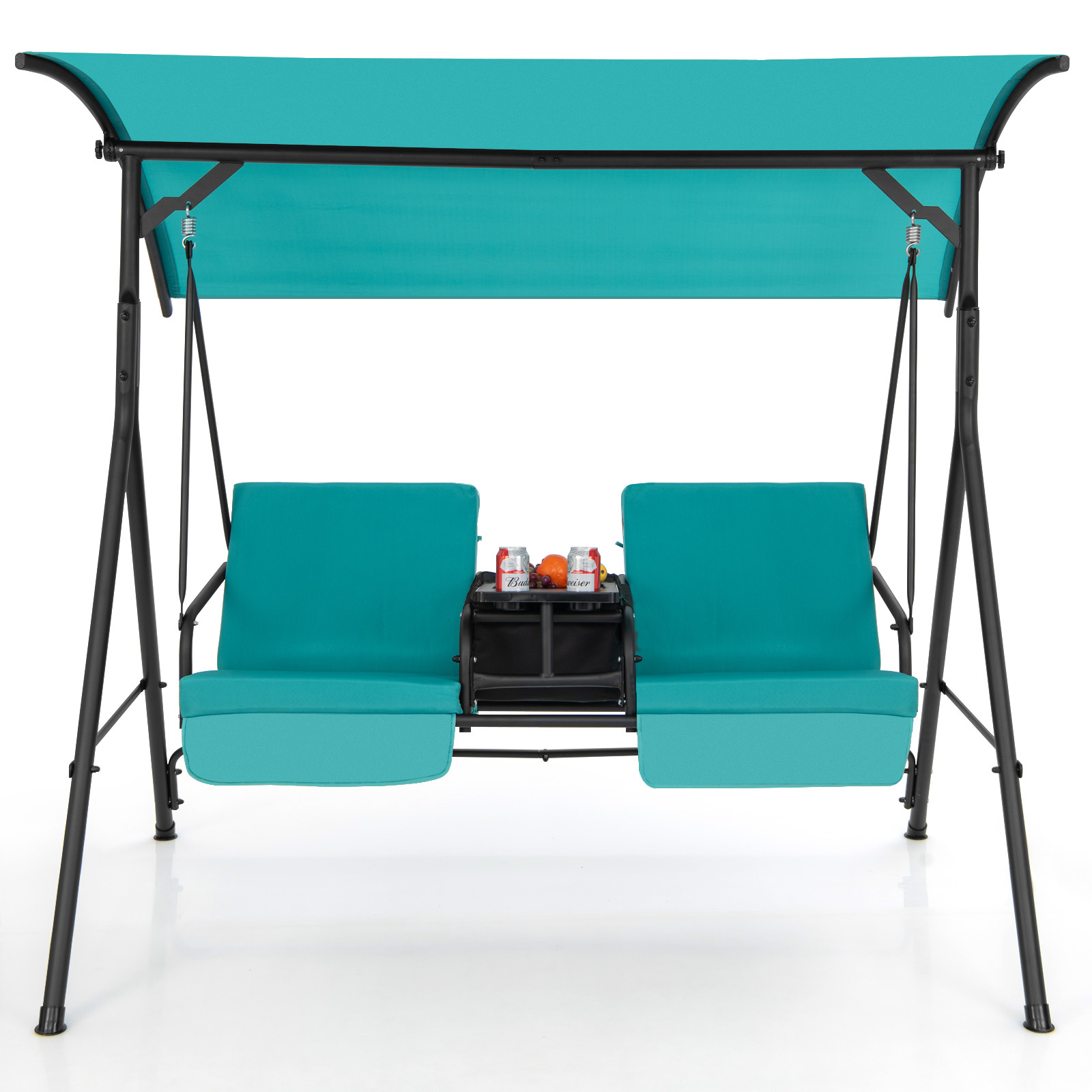 LIFEZEAL Porch Swing Chair with Adjustable Canopy, 2-Person Swing Chair with Cooler Bag, Rotatable Tray and Removable Cushions, Outdoor Canopy Swing Loveseat for Backyard Balcony Poolside. - Image 6