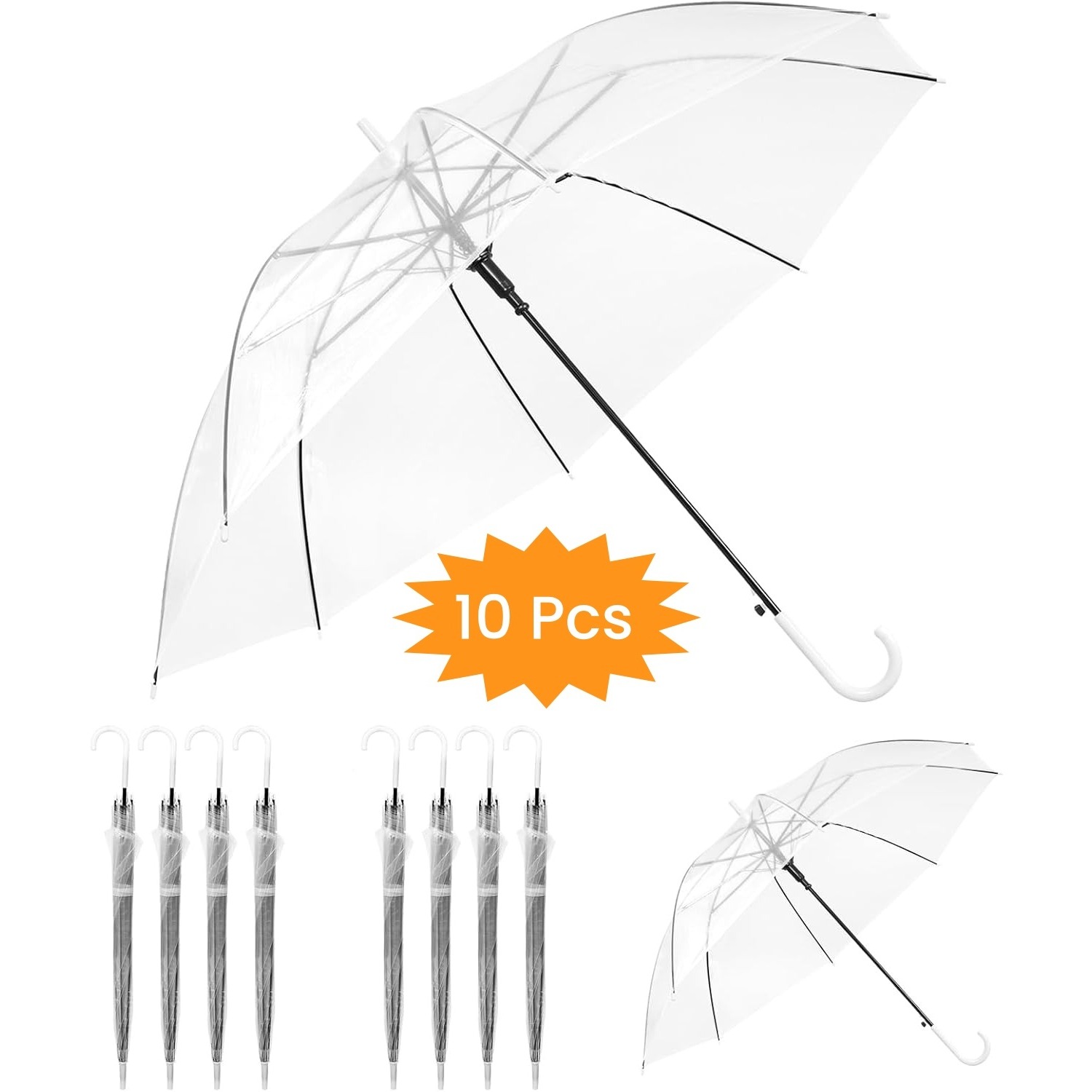E-shop 10 Stück transparente Regenschirme für Hochzeit & Party, 8 Metallrippen, automatisches Öffnen & Schließen, klares PVC-Vordach für sicheren bei