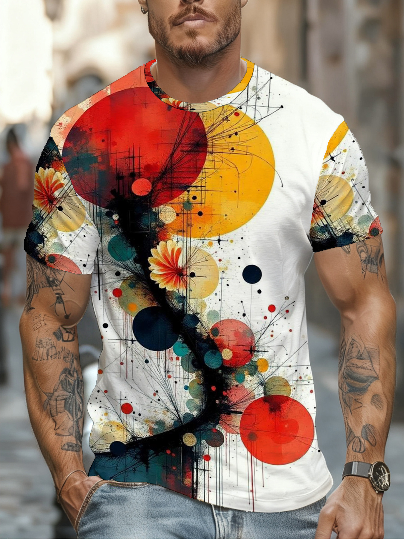 Men's Printed Short-Sleeve T-Shirt- Comfortable Artistic Circular Floral Design, Trendy And Versatile, Suitable for Gyms, Outdoor Activities, Travel Parties And Gatherings, Essential for Sports Enthusiasts, Thoughtful Gift for Family And Boyfriend