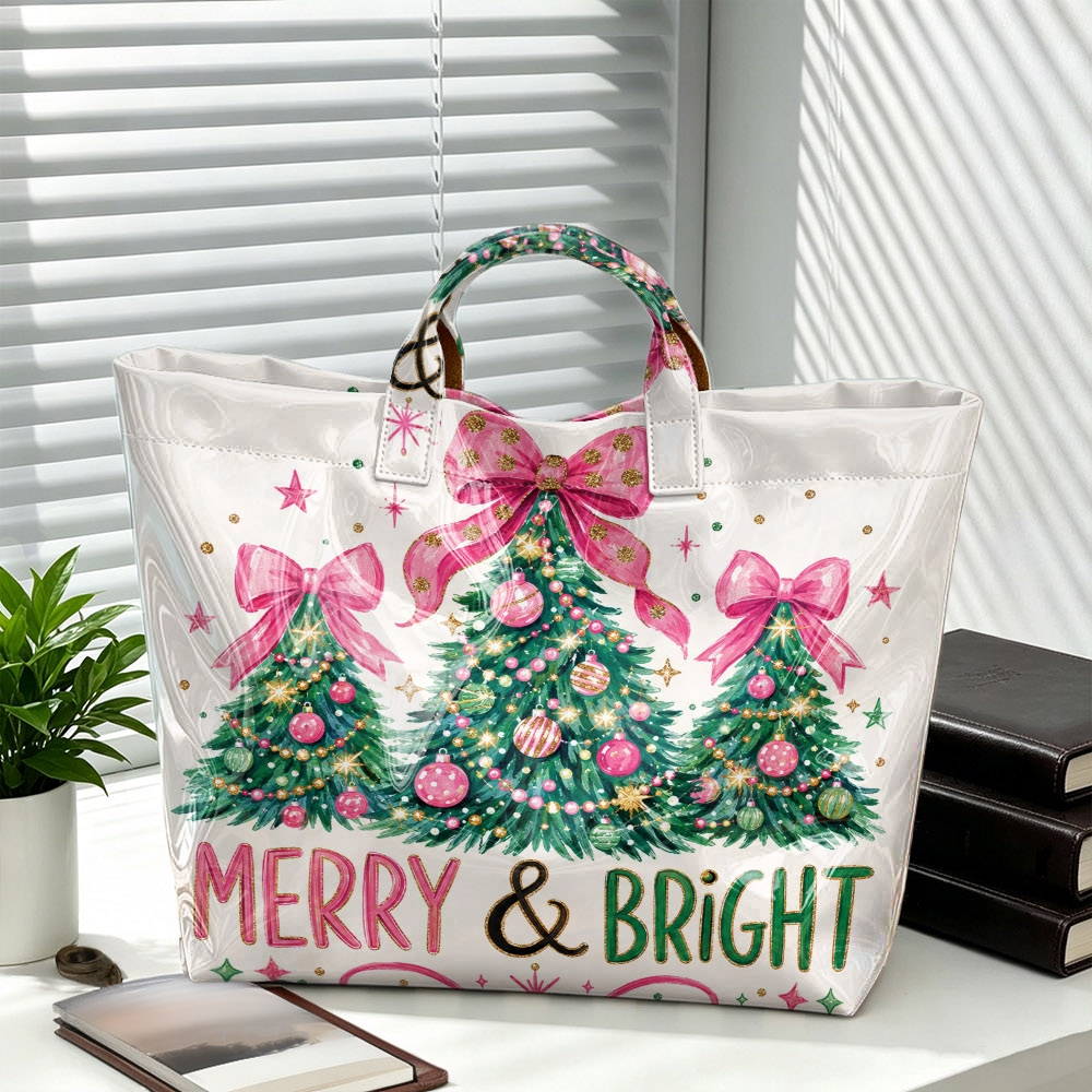 TEMU 1pc Women's Tote Handbag, Pink Christmas Tree Bow Print Handheld Bag, Xmas Holiday Large Capacity Shopping Tote Bag, Gift Daily Handbag For