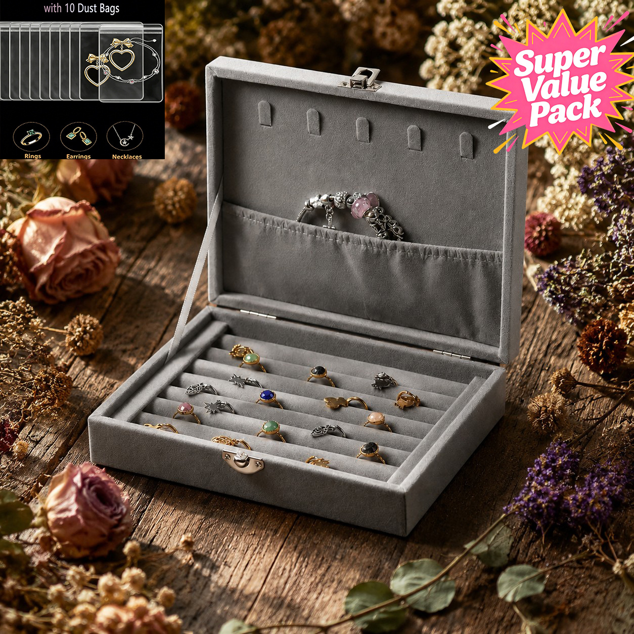 Gray Velvet Jewelry Organizer with Ring Compartments