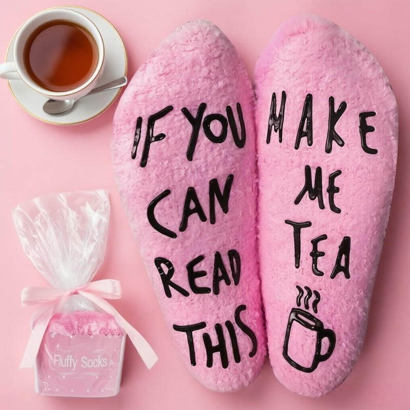 TEMU 1 Pair Valporia " Can Read This Please Tea" Socks - Funny Tea-themed Gift Suitable For , Fluffy & -socks For Women &, Novelty Birthday/christmas