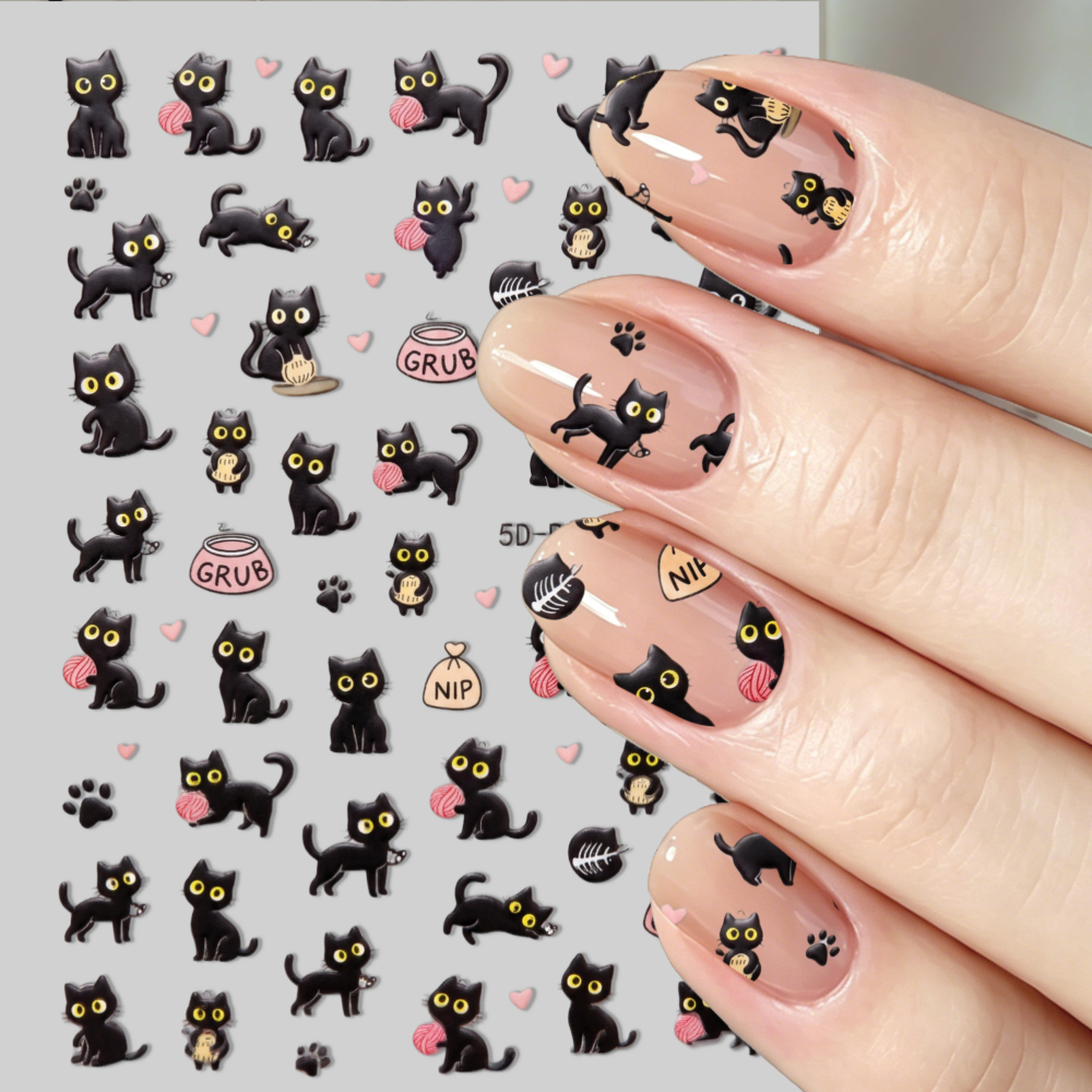 Image of 5d Cat Nail Art Stickers Black Kitten Design Self Adhesive Nail Decals For Women And Spring Summer Manicure Decor