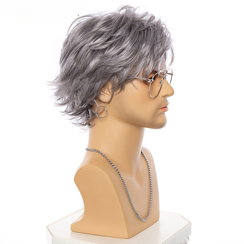 fashionable european and american mens short curly silvery gray synthetic high temperature silk wig cap with a side part details 4