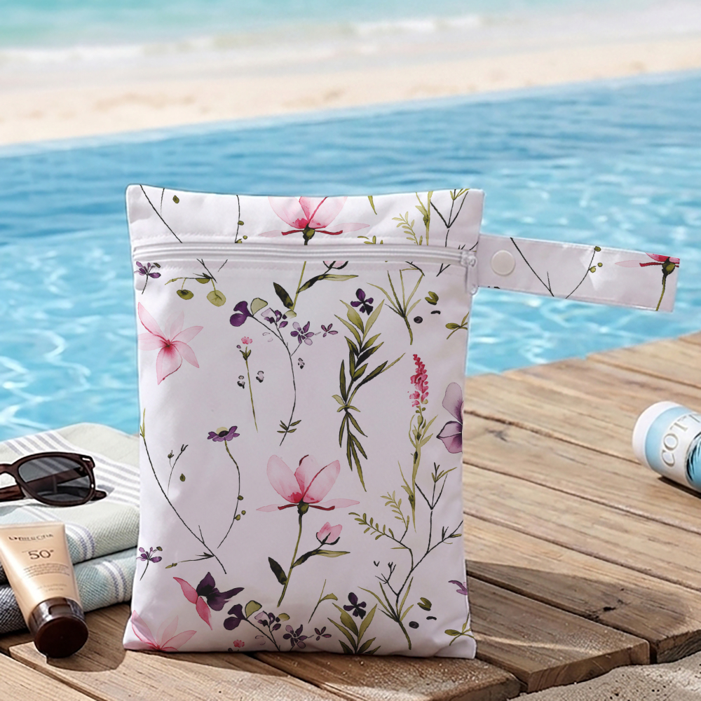 TEMU 1pc Watercolor Floral Print Wet Dry Bag For Women, Reusable Zipper Swimsuit Pouch, Summer Beach Pool Travel Toiletry Cosmetic Laundry Sack