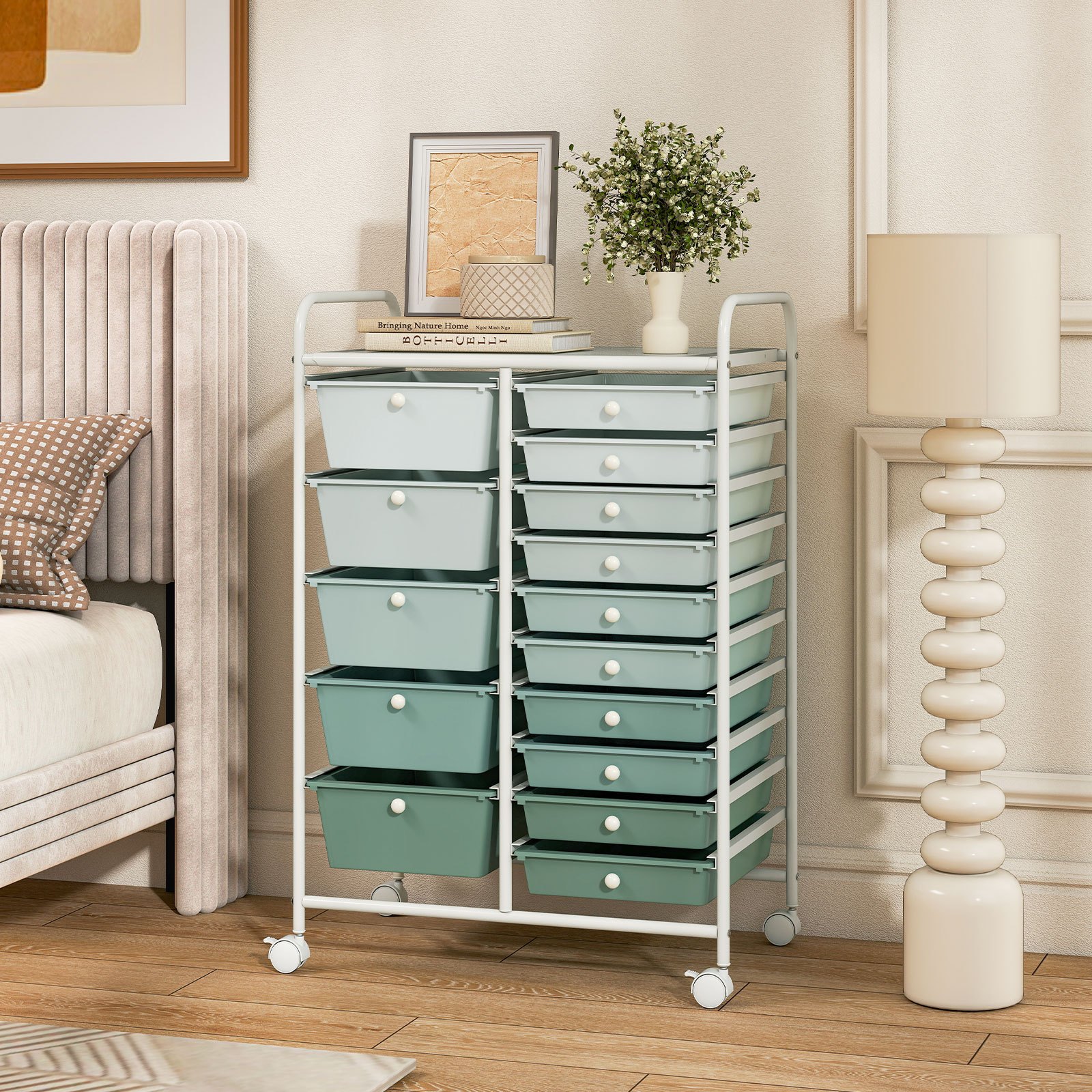 item picture   15 drawer rolling cart   storage solution featuring vibrant drawers and a sturdy metal frame designed for   home uses this organizer unit   with lockable wheels making it ideal for office storage