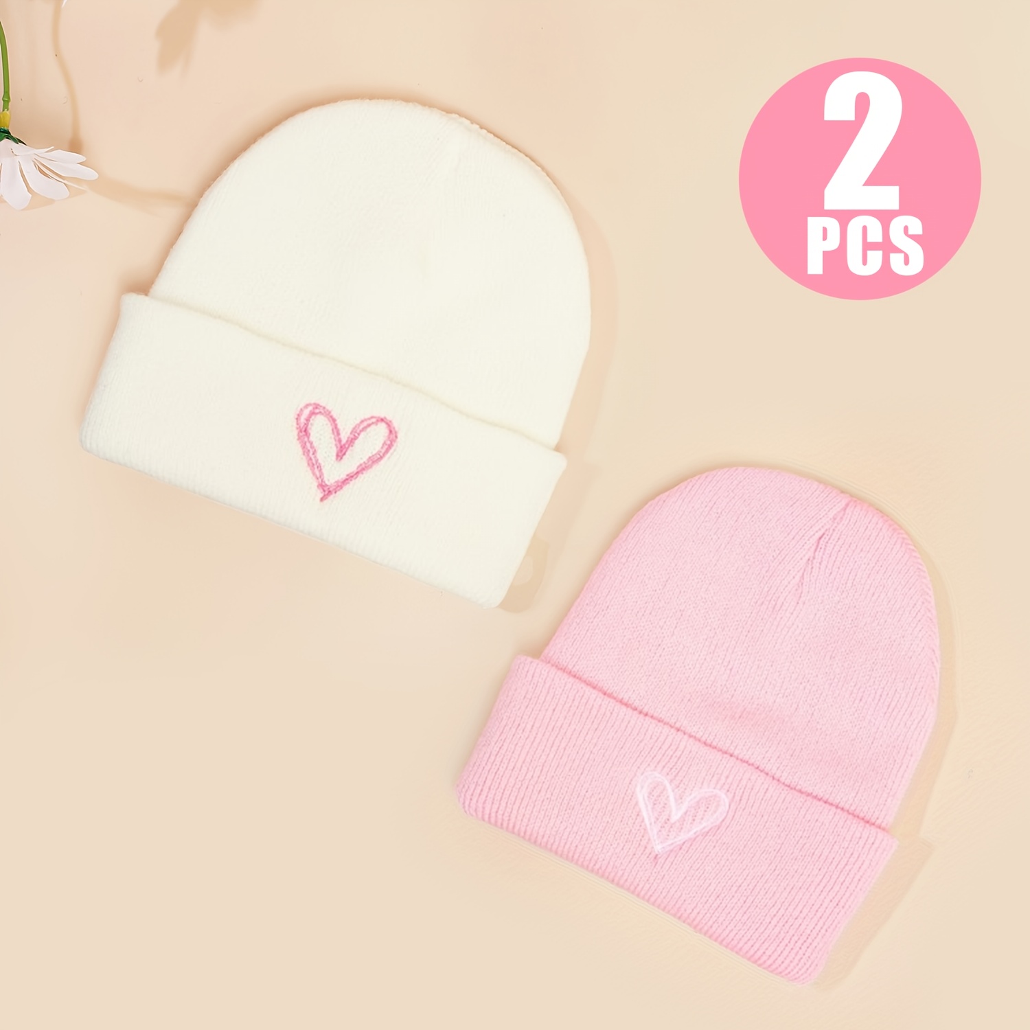 TEMU 2-Pack/3-Pack Bonnet Pastel Rose avec Design Creux de Cœur - Bonnet d'Hiver et Élastique pour Femmes et Hommes, Léger et Chaud, Idéal pour