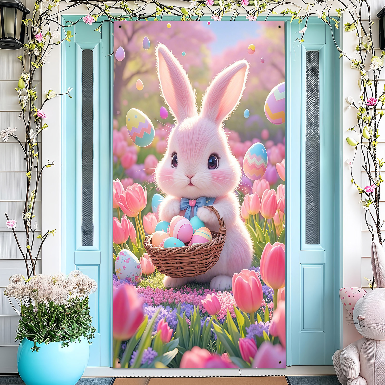 

1pc Easter Bunny Wall Decor, 35x70 Inches Polyester, Spring Seasonal Decoration With Basket Of Eggs, Indoor & Outdoor Decor For Entryway, Room, Garden, Universal & Spring Holiday Themes