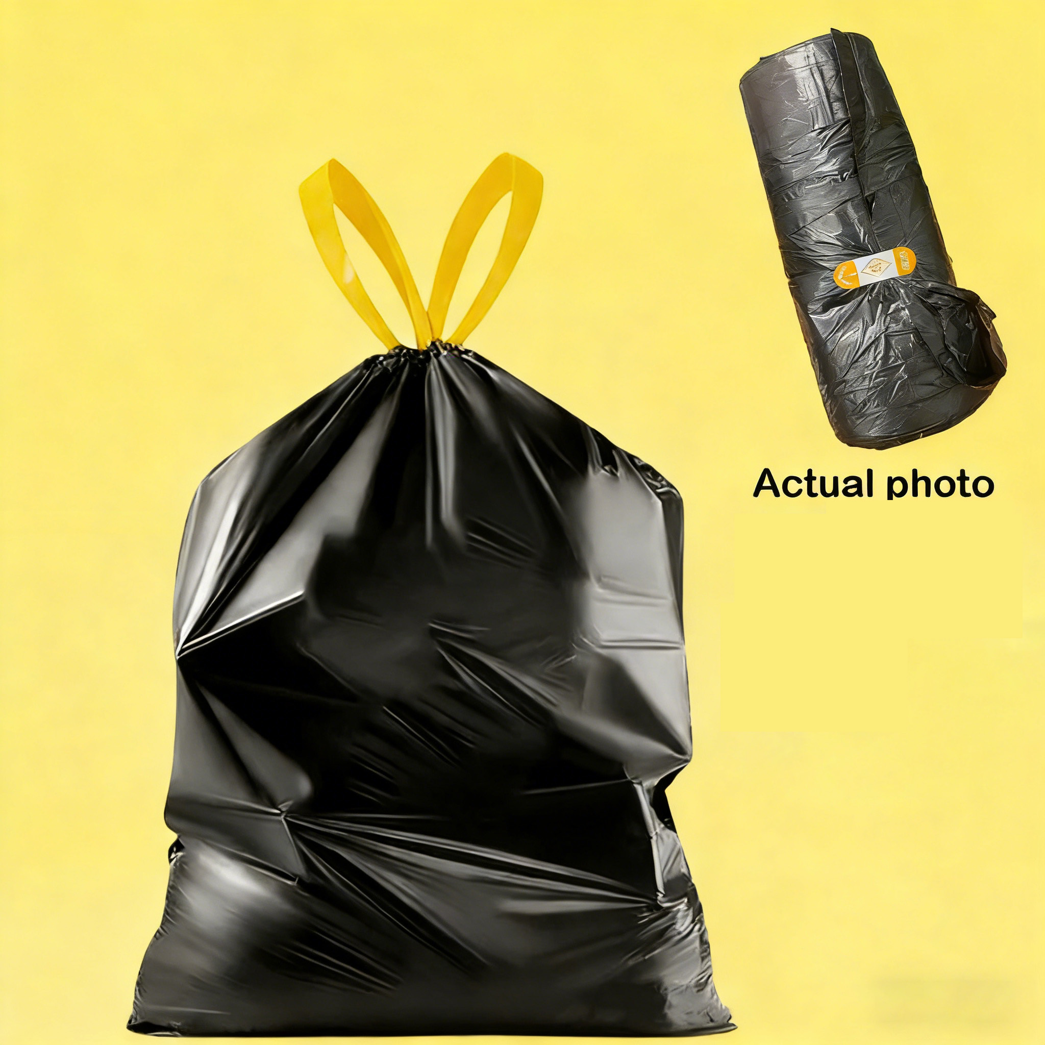 TEMU 30/1 Roll Black Trash Bags With Yellow Drawstrings, Thickened Drawstring Garbage Bags - 20l Leak-proof Heavy-duty Durable Trash Bags, Suitable