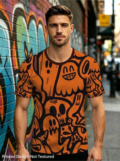 printed design not textured for halloween themed printed t shirt featuring cartoon style horror characters made of lightweight fabric with a round neck and short sleeves machine washable suitable for halloween celebrations