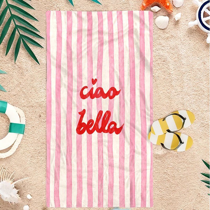 TEMU 2d Pink And White Striped " Bella" Italian Slogan Digital Hd Printed Microfiber Beach Towel, Soft And Absorbent, Lightweight And Quick-drying,