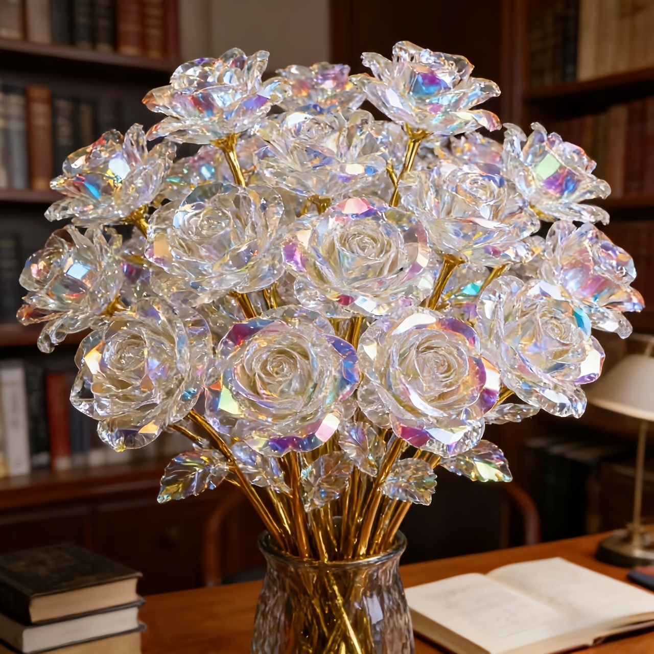 TEMU Halloween/christmas Decor Of20pcs Set Of Sparkling Eternal Crystal Roses, Artificial Crystal Flowers, Realistic Rose Bouquet Suitable For