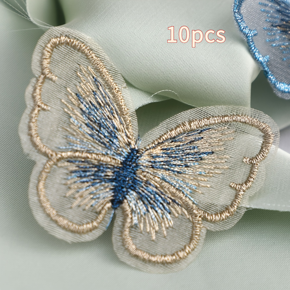 TEMU 10pcs Of Organza 3d Embroidered Lace Patches In Blue And Golden, Featuring Metallic For Decoration. Suitable For Embellishing Dresses, Wedding