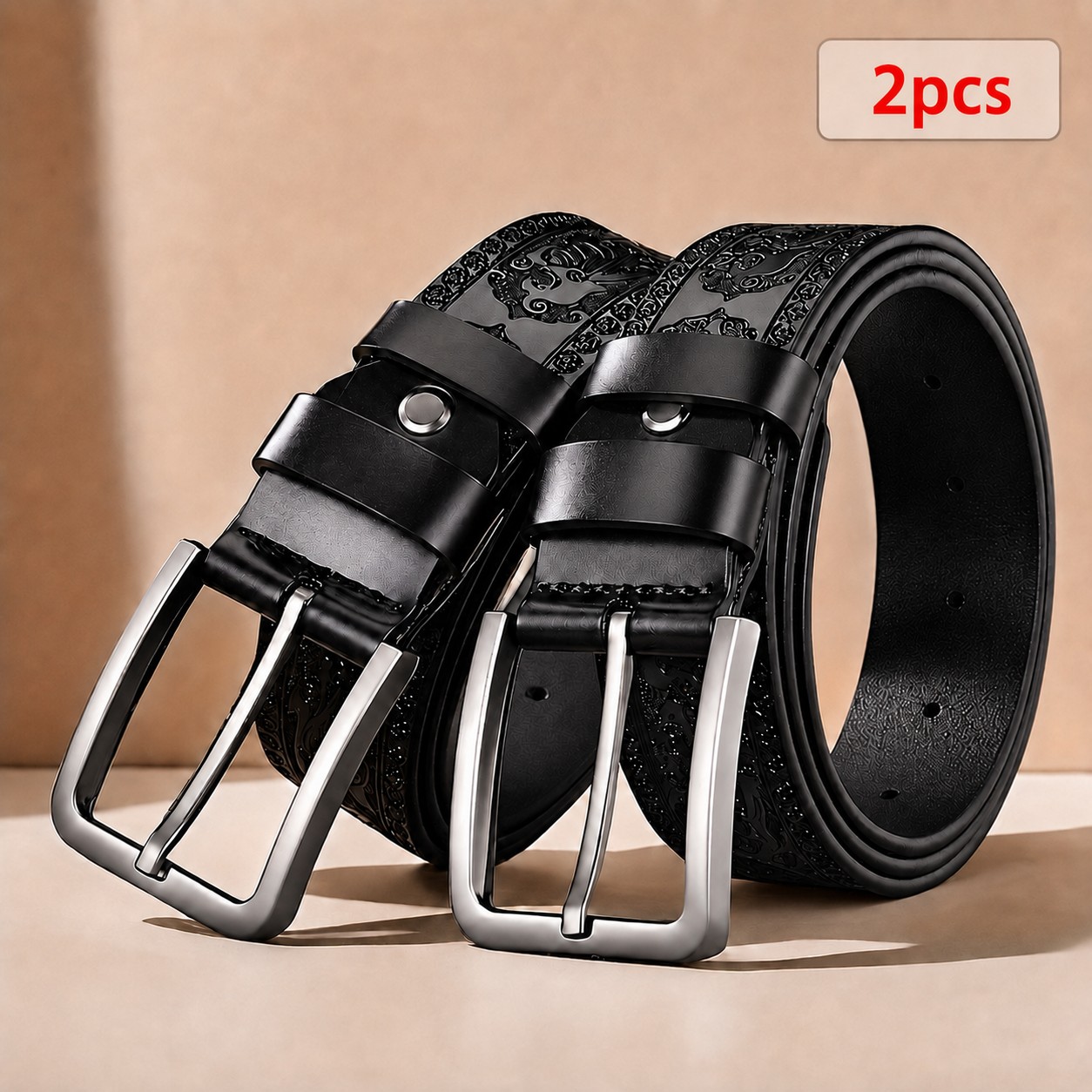 Image of 2pcs Men's Vintage Embossed Genuine Leather Belts, Adjustable Silvery Pin Belt Set, For Business Casual, Jeans, Everyday Wear & Gifts