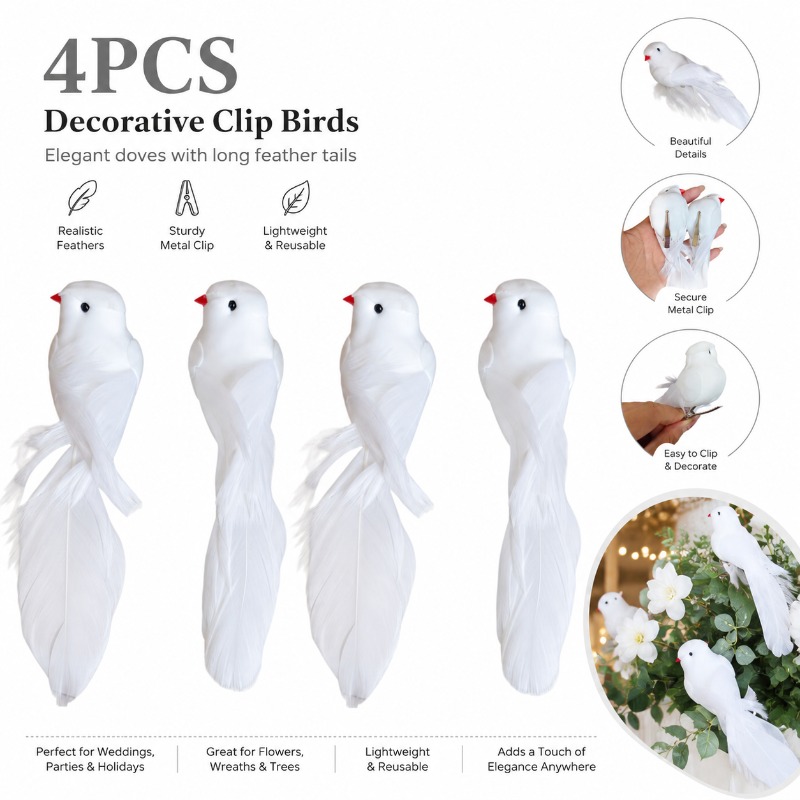 TEMU 4pcs Set Of Artificial Decorative Clips, 14.5cm Long Tail Ornaments With Metal Clips, For Christmas Tree Wreaths, Branches, Floral Arrangements,