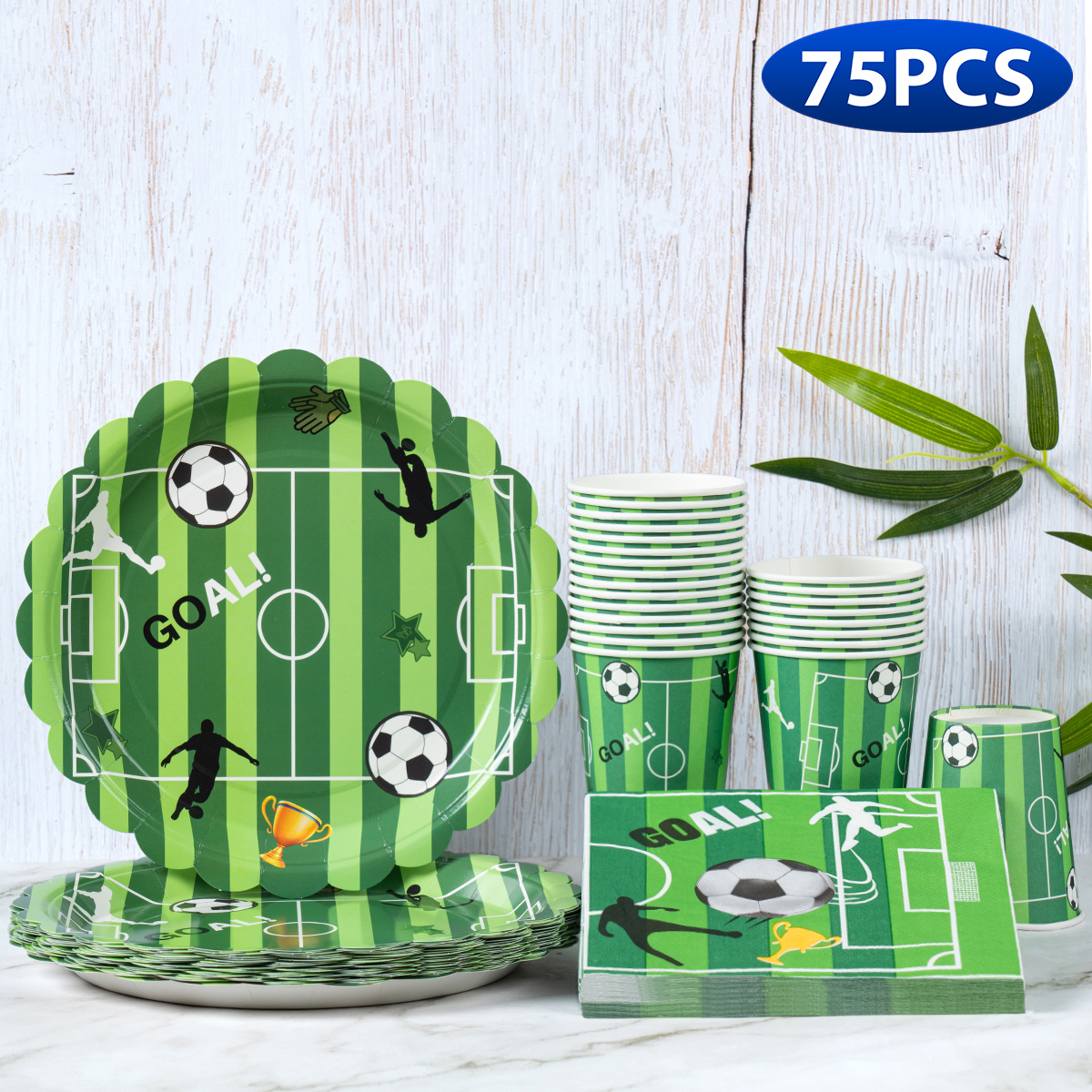 Image of Soccer Event 2026 - 75pcs, Disposable Party Utensil Set With Green Football , 25pcs (9-inch Plate + Paper Cups + Napkins) For 25 Guests – Perfect For Birthdays, Weddings I Halloween I Navidad