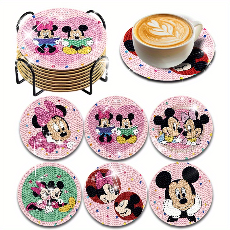 

6pcs Diy Unique Diamond Painting Coaster Set Featuring Cartoon Animals Like Mouse, Mouse, And A Bow, Perfect As Heat-resistant, Non-slip Mats And A Great Gift For .