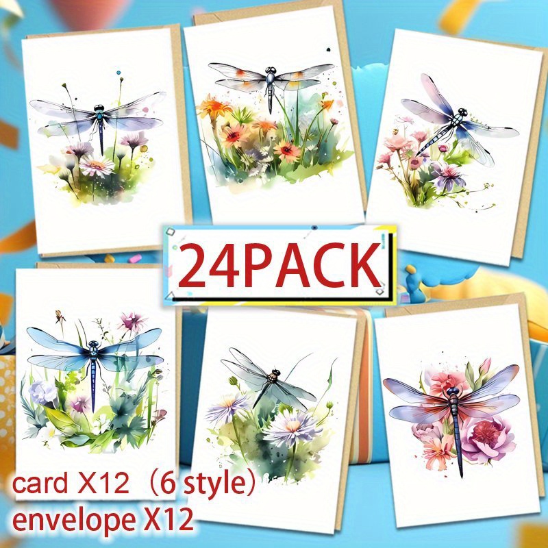 

24pcs(12 Envelopes + 12 Cards) Dragonfly Watercolor Wildflower Greeting Cards With Envelopes - Versatile Celebration, , , New Year, Thank You Cards For Any To Family Friend Gifts