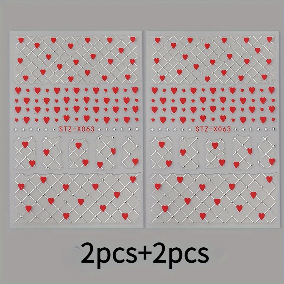 TEMU Valentine's Day Nail Stickers 4-pack - Sweetheart And Silvery Glitter Design, Self-adhesive French Nail Art Stickers