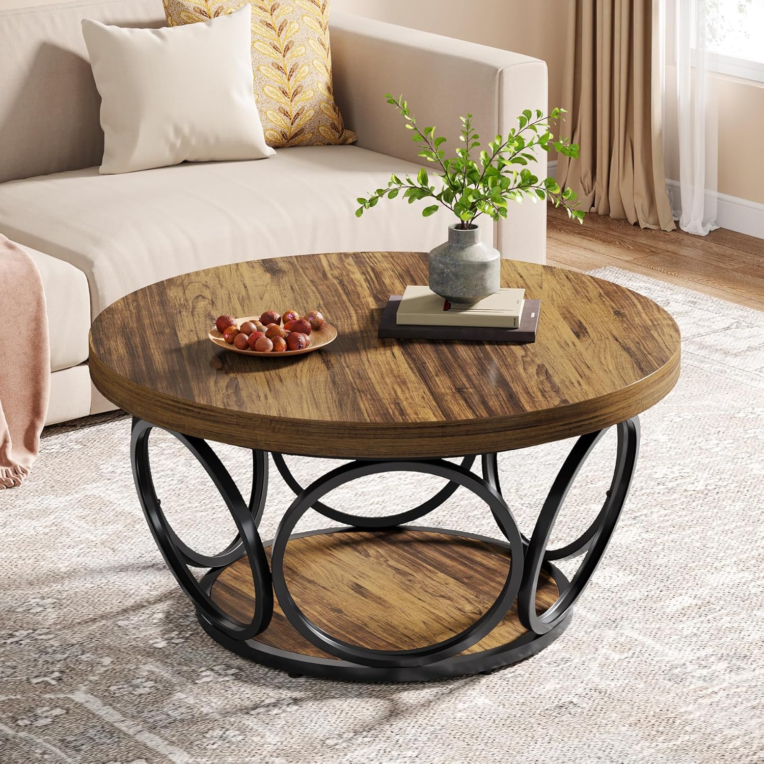 Image of Circular Coffee Table, 80 Cm Diameter Wooden Table, Spacious Round Living Room Table With Dual Storage Levels, Contemporary Tea Table (rustic Brown)