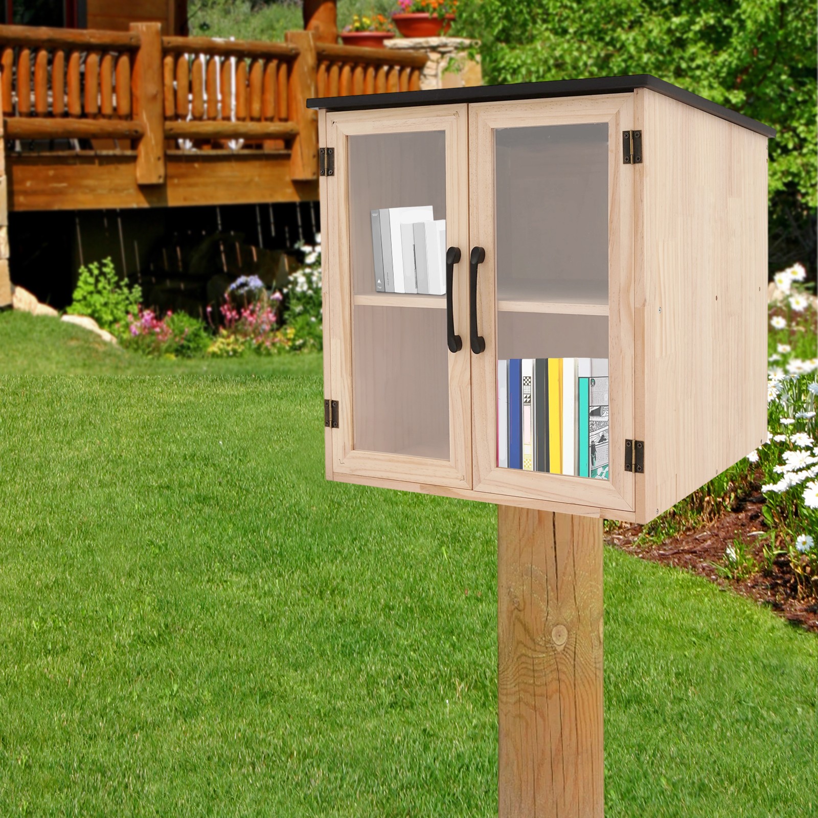 Image of Wooden Deck Box Library -tier Slanted Roof Book Storage Acrylic, Box, Cabinet, Rack For Outdoor Storage