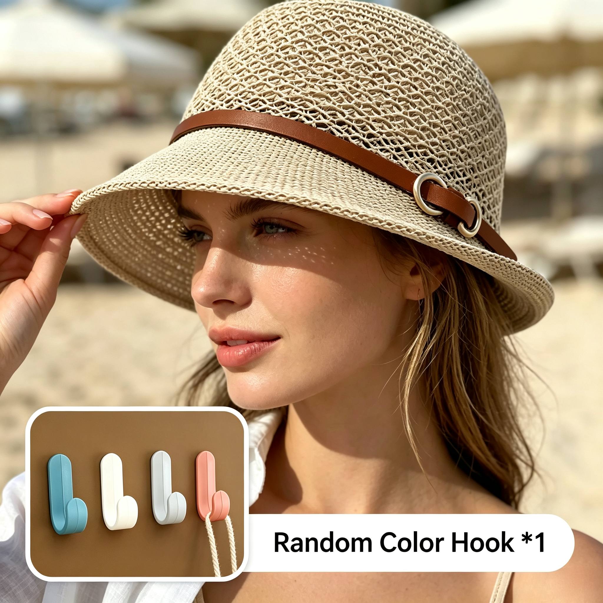 TEMU Elegant Belt-decorated Women's Straw Sun Hat, Includes Random Color Hook For Hanging And Storage, Mother's Day Gift, Breathable Hollow Summer