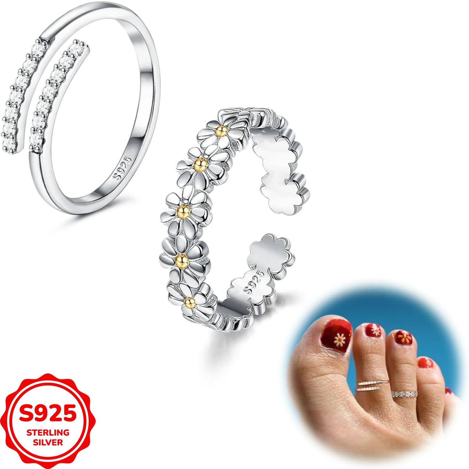 Image of Adjustable Toe Rings For Of 925 Sterling Silver, Featuring Daisy Flower Designs, Perfect For Beach Wear. Each Ring Weighs 1.2g/0.04oz