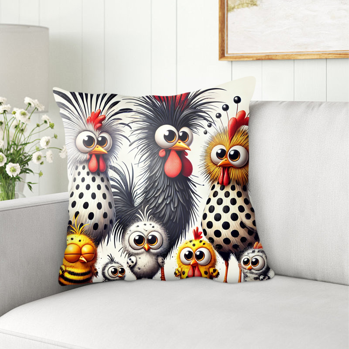 TEMU 1pc Funny Chicken Flock Pillowcase Suitable For Home, Sofa, Bed & Office Decor - Soft Short Plush Cushion Cover With Zipper Closure, Machine