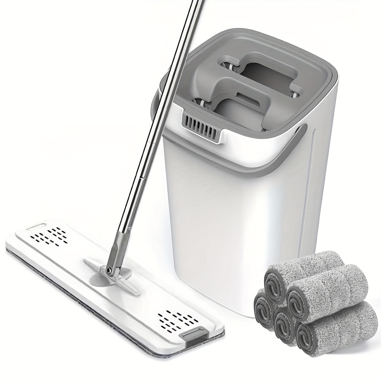 TEMU Flat Mop And Bucket Set With 5pcs Mops - Suitable For Bedrooms, Kitchens, Living Rooms, Bathrooms - Made Of Durable Plastic - Cleaning Solution