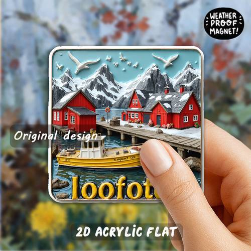 1 buc. de un magnet de frigider acrilic plat, , potrivit pentru mașini de spălat vase, pentru crăciun, nou și ziua îndrăgostiților, cu un pin emailat scenic cu un sat de pescuit - o reprezentare pictată manual a peisajului cu