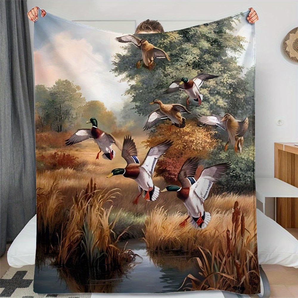 contemporary duck hunting pond design flannel throw blanket hypoallergenic   cozy bedding multipurpose travel camping throw   polyester with ideal gift for   details 5