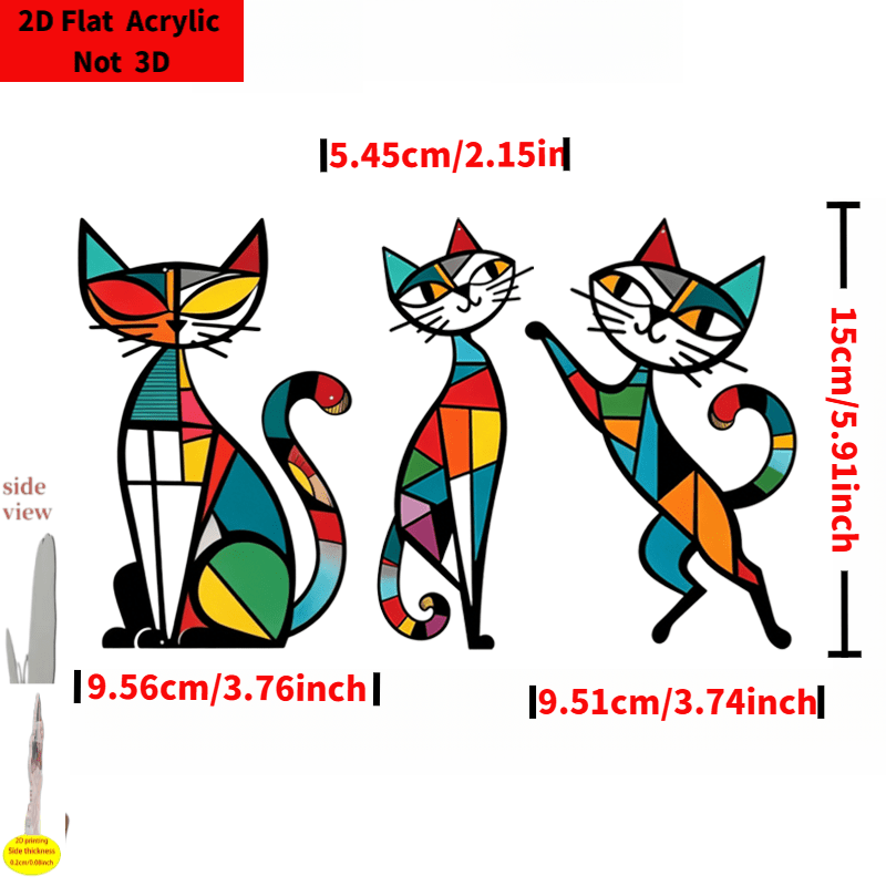 TEMU 3 pièces Décoration murale chat de couleurs abstraites imprimée en acrylique 2D, Art mural chat géométrique style Picasso, Décor animal de