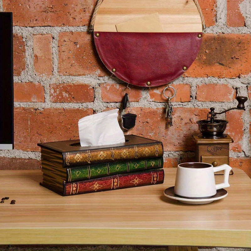   design tissue box cover -  /black/green/red/blue/golden/beige - decorative dispenser for bathroom, living room, office, kitchen, car - elegant tabletop organizer for tissues & napkins - durable wooden construction - decorative centerpiece for home or business decor - compatible with rectangular tissues - retro wooden antique book style with golden-  spine & ornate patterns - functional tissue holder for home decor, cute tissue box holder, tissue holder Product details 3